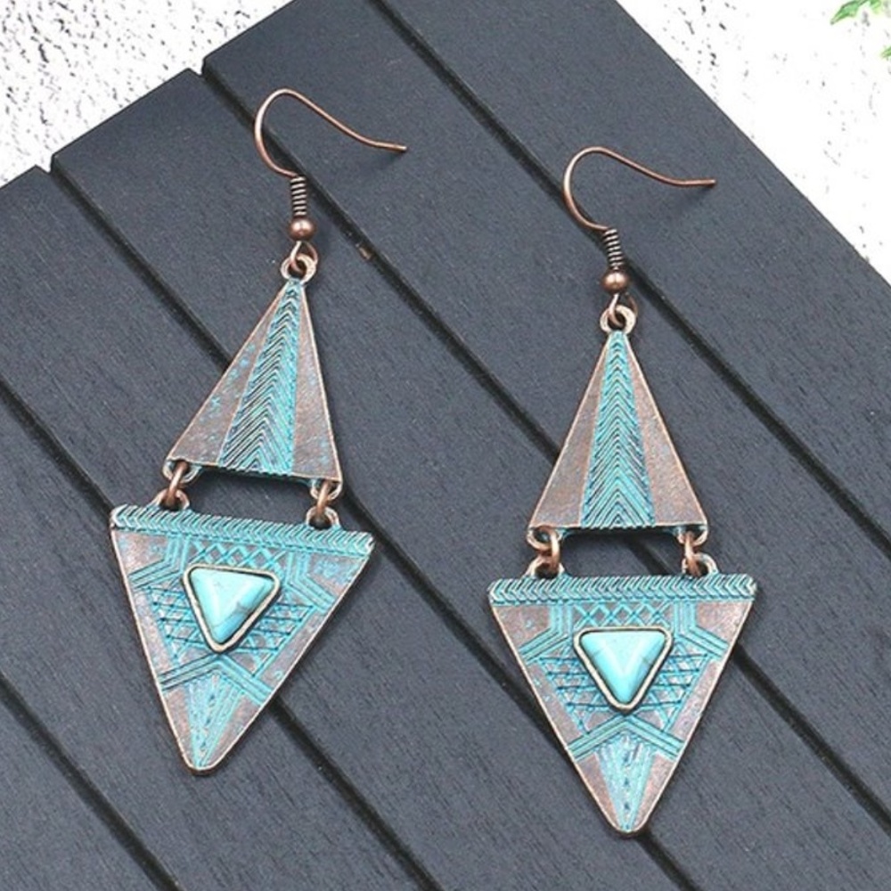 Boho bronze triangle turquoise Dangle Earrings - Picture 5 of 5